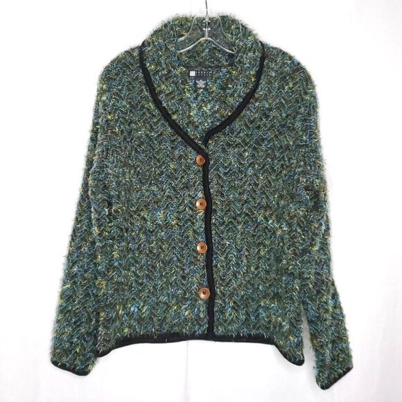 Carole Little Fuzzy Fringe Knit Blazer Jacket M Green Blue Shawl Collar Wool - Picture 1 of 5